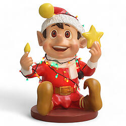 Santa Elf Playing With Lights Red Statue