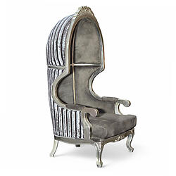 Canopy Chair High Back Throne in Gray Velvet and Silver Leaf Frame