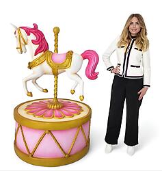 Large Pink Carousel Horse Statue with Flowers on Base