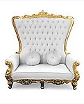 Double High Back Chair Queen Throne in White Leather Gold Frame